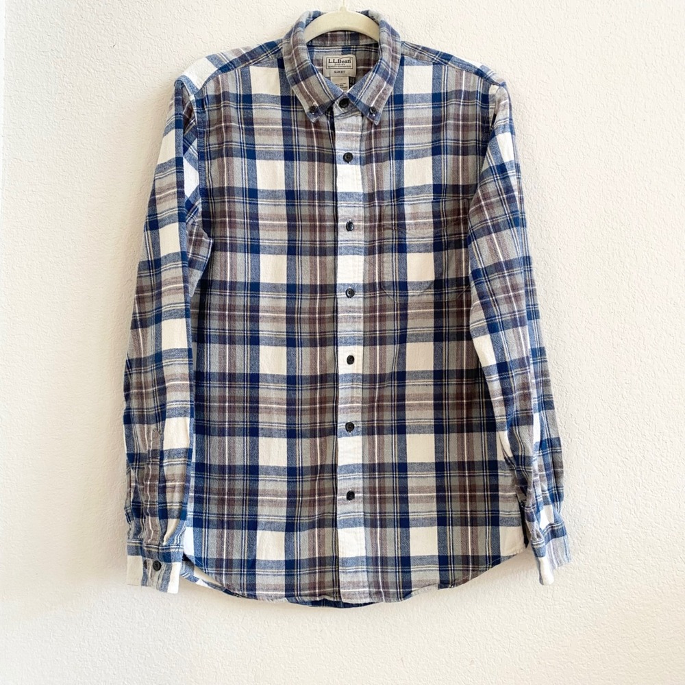LL Bean Mens Slim Fit Plaid Flannel Shirt Blue‎ Brown 100% Cotton M-Reg 510590